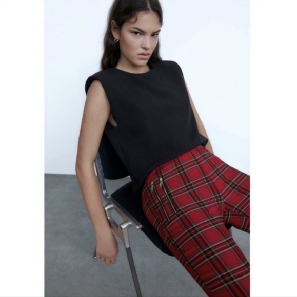 Zara Red Tartan Plaid Leggings XS - Picture 2 of 10